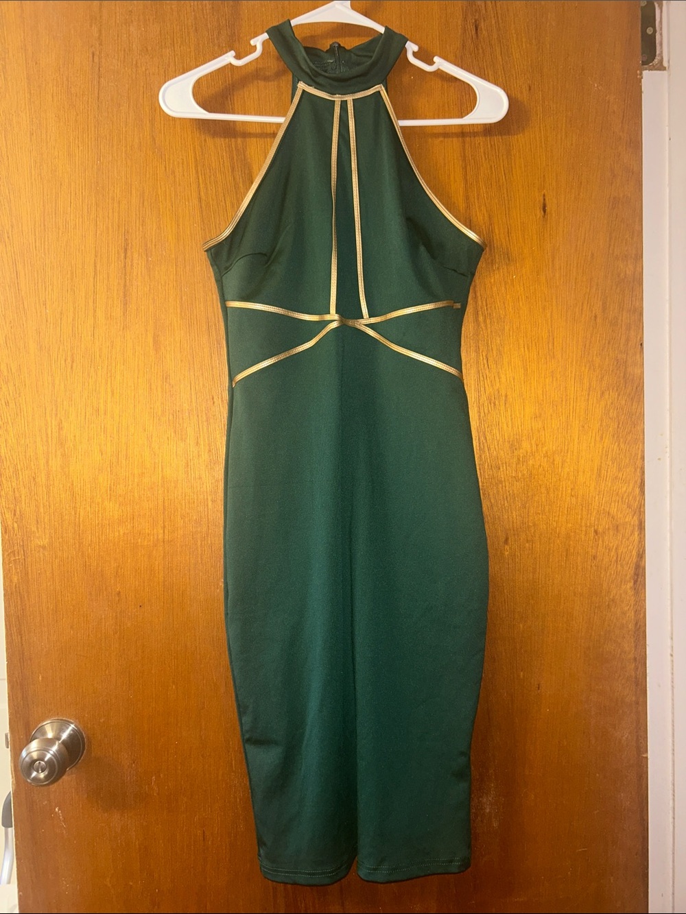 SHEIN Dark Green Halter Midi Dress with Gold Trim